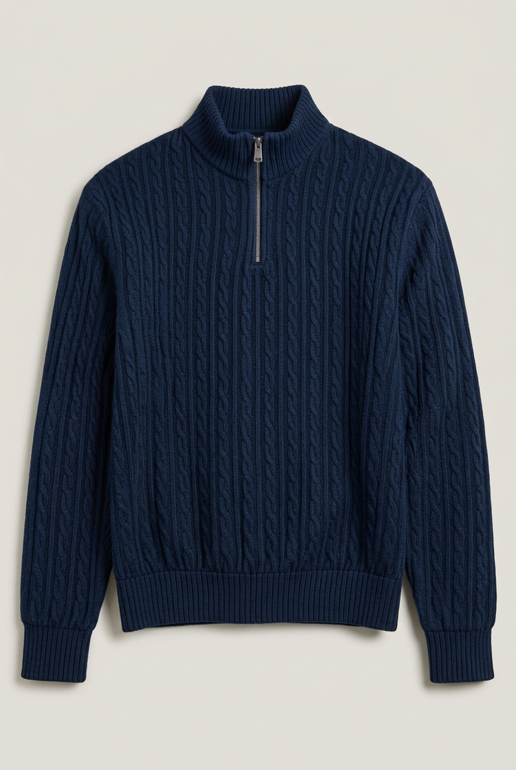 Pull en maille torsadée à col zippé – Bleu marine Homme